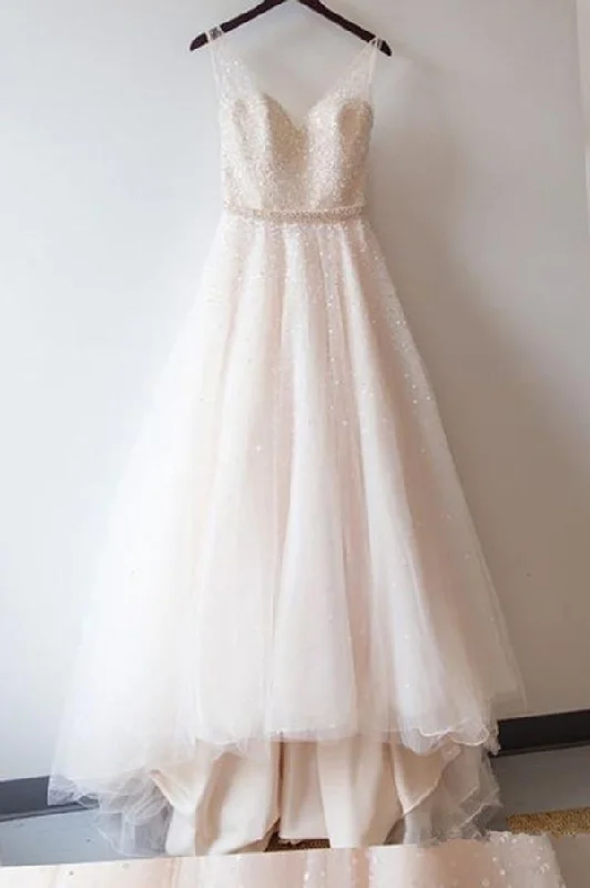 Colorful Clothing Roycebridal Roycebridal Blush Pink Tulle Ball Gown Lace Prom Dresses, Sweetheart Wedding Dress, MW111