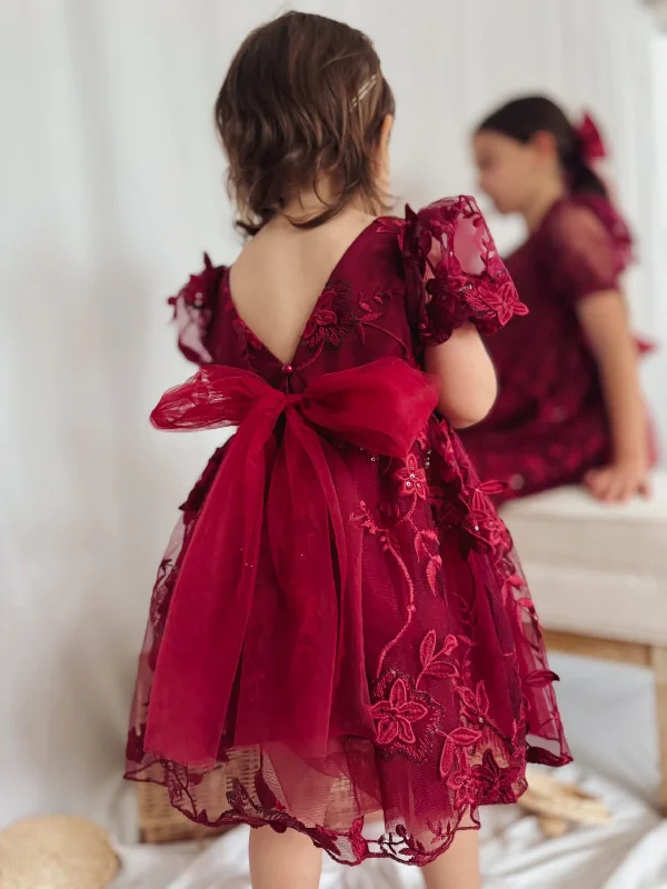 Wardrobe Essentials Vienna Girls 3D Embroidery Dress - Burgundy