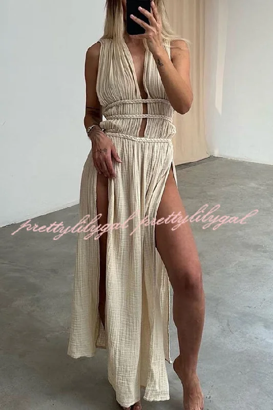 Everyday Women’s Fashion Trends Boho with Elegance Linen Blend Braids Belt Cutout Slit Kaftan Maxi Dress