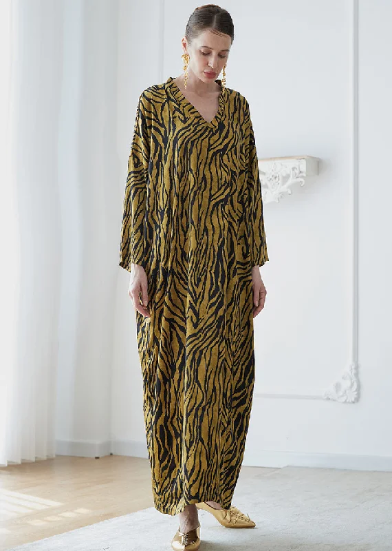 Big Sale Event Plus Size Yellow V Neck Print Patchwork Silk Robe Dresses Fall