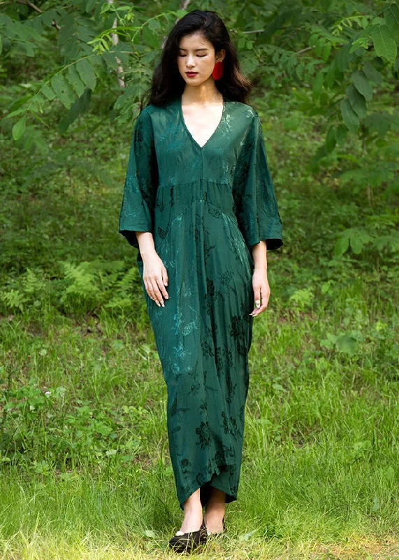 Affordable Women's Apparel Elegant Green V Neck Jacquard Silk Robe Dresses Batwing Sleeve Affordable Women's Apparel Elegant Green V Neck Jacquard Silk Robe Dresses Batwing Sleeve