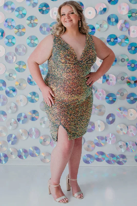 Trend Alert Sydneys Closet SC8110 Size 20, 26 Blue Blitz Short Plus Size fitted Sequin Formal Cocktail Dress Slit V Neck Gown