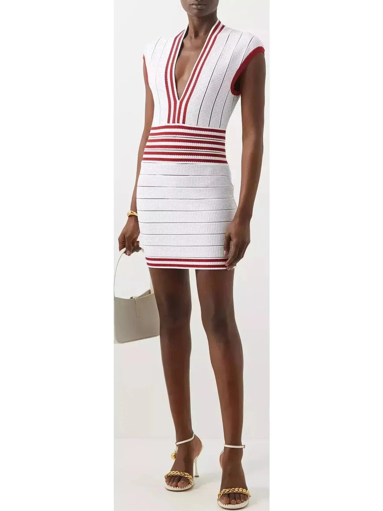 Modern Casual Clothing Plunge Striped Knit Mini Dress