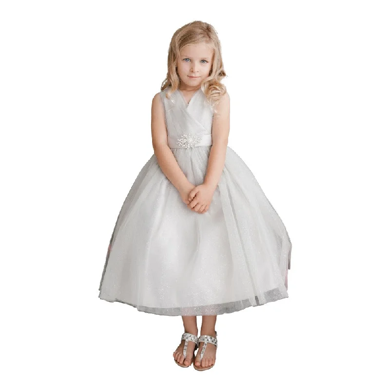Get The Latest Trends Little Girls Silver Glitter Tulle V-Neck Rhinestone Brooch Flower Girl Dress 2-6 Get The Latest Trends Little Girls Silver Glitter Tulle V-Neck Rhinestone Brooch Flower Girl Dress 2-6