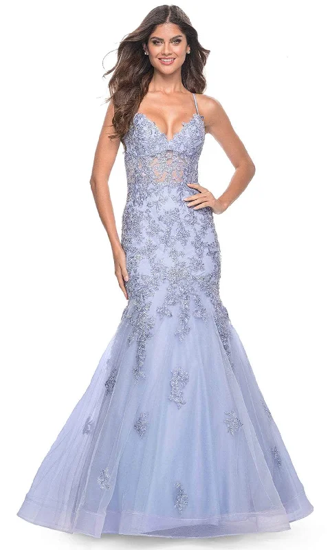 Daily Deals La Femme 32004 - Deep V-Neck Embroidered Prom Gown