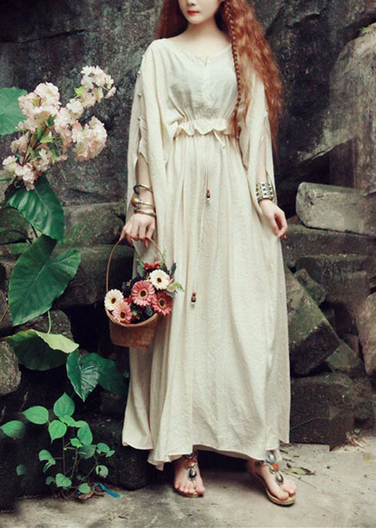 Women's Comfortable Lounge Attire Italian Beige O-Neck Tie Waist Silk Cinched Dress Spring