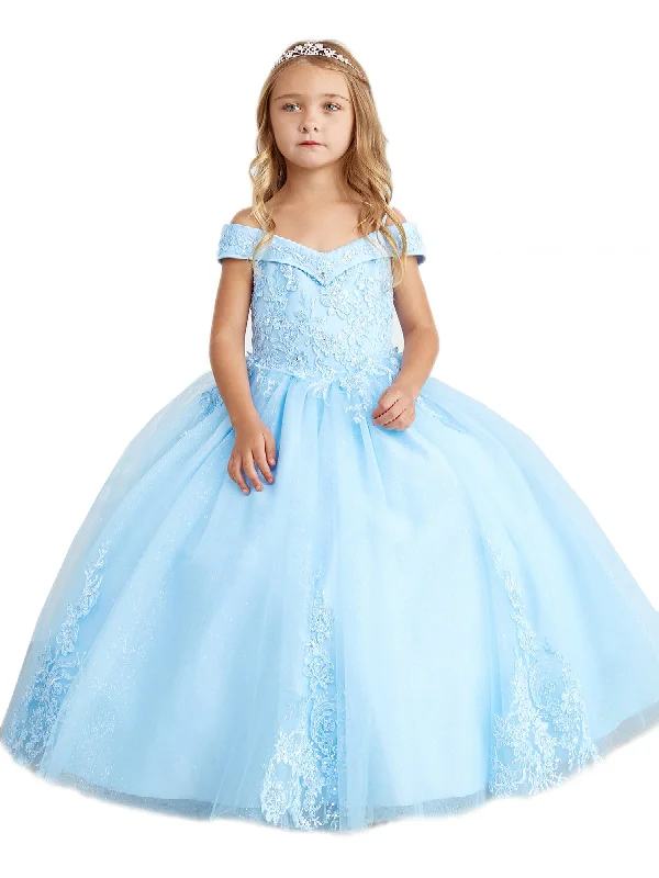 Innovate Your Wardrobe Little Girls Sky Blue Off Shoulder Lace Applique Corset Back Pageant Dress 2-6 Innovate Your Wardrobe Little Girls Sky Blue Off Shoulder Lace Applique Corset Back Pageant Dress 2-6