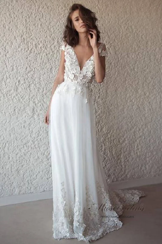 Limited Time Offers Roycebridal Ivory See-through Cap Sleeves Boho Wedding Dresses, Beach Wedding Dress, MW518