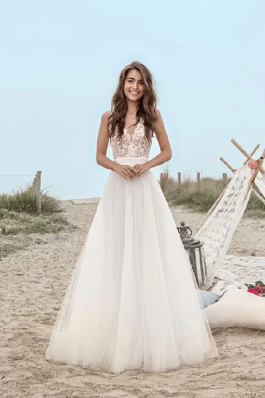 Weekend Sale Roycebridal Boho Tulle Lace A-line V-neck Floor Length Beach Wedding Dresses, MW673