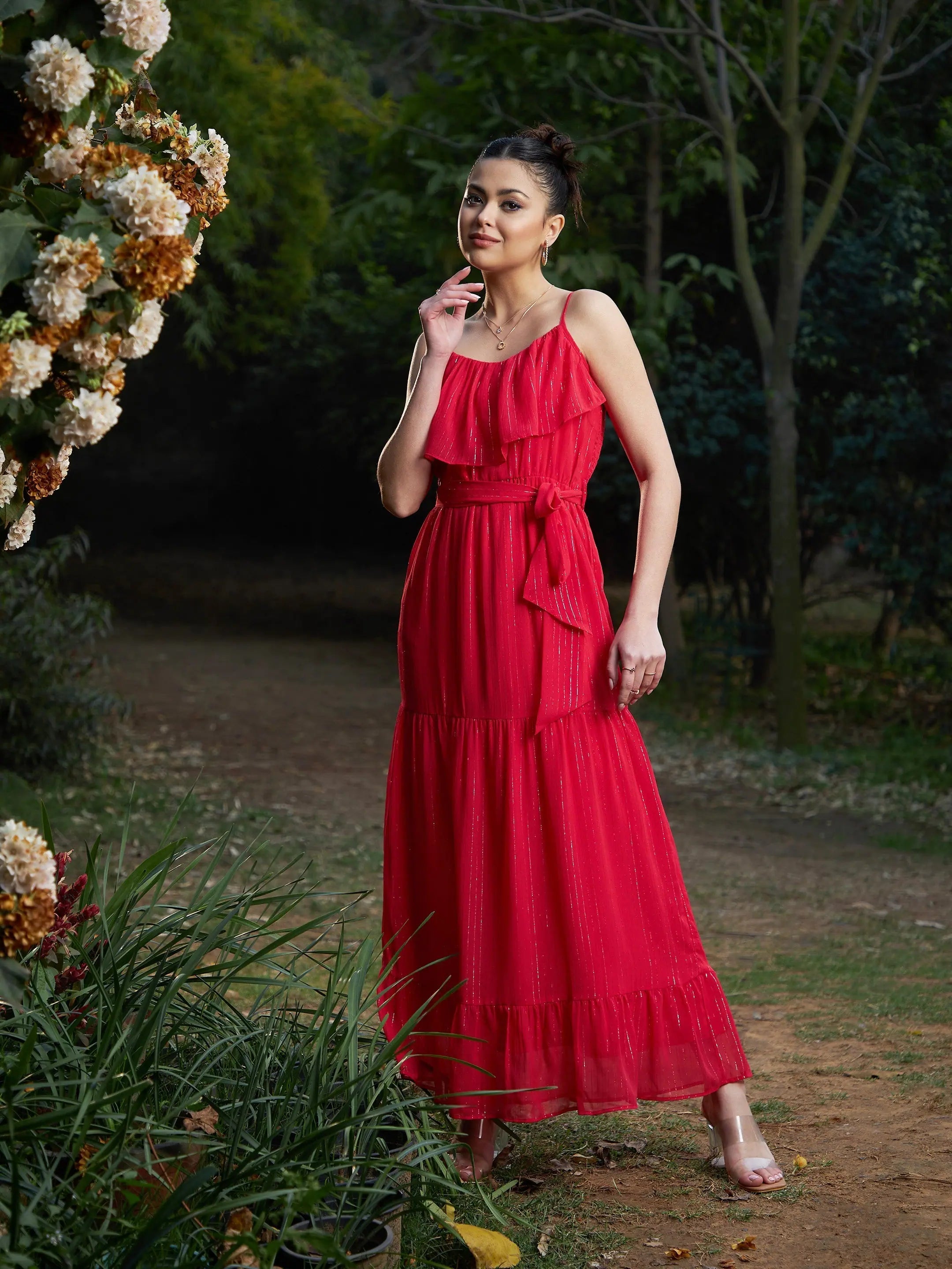 Fashion-forward Women’s Wear Women Red Chiffon Lurex Strappy Ruffle Maxi Dress