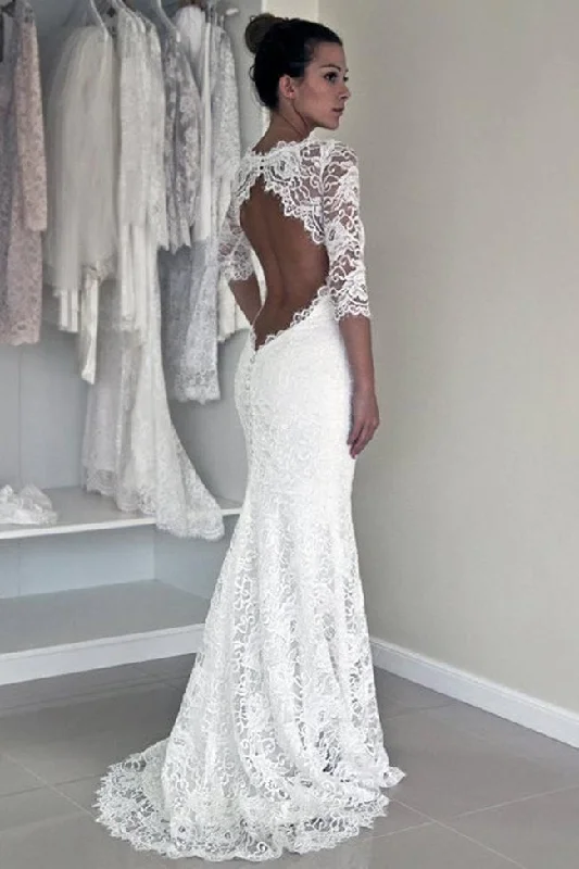 Seasonal Picks Roycebridal White Lace Open Back Long Sleeve Mermaid Long Wedding Dresses, MW187