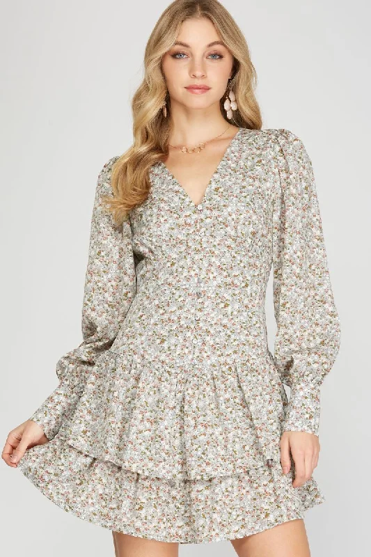 Women’s Seasonal Fashion Trends SEAFOAM FLORAL PRINT BUTTON DOWN CUFF LONG SLEEVES MINI DRESS SS8703