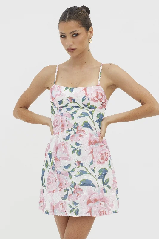 High End Fashion Floral Eyelet Tie Back Dress