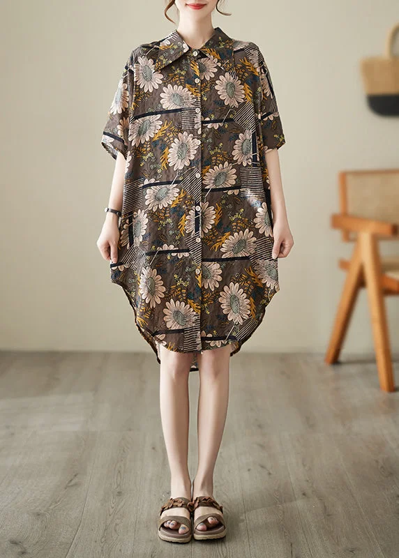 Style Beyond Borders French Chocolate Peter Pan Collar Floral Print Cotton Shirt Dresses Summer