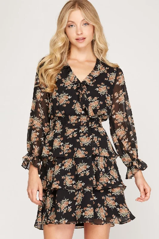 Fashion-forward Women’s Clothing BLACK FLORAL PRINT SMOCKED TIERED LONG SLEEVES MINI DRESS SS7997