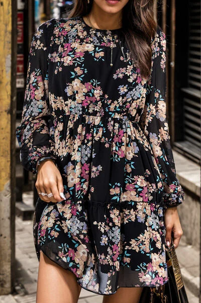 Clothes Woman Printed Round Neck Balloon Sleeve Mini Dress