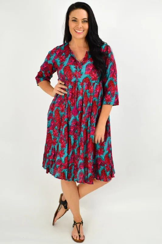 Special Offer Red Aqua Floral Tie Neck Tunic Dress