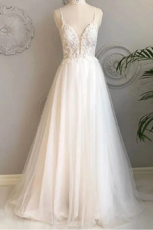 Casual Fashion Trends for Women Roycebridal Simple Spaghetti Straps A-line Beach Wedding Dresses Lace Wedding Gowns,MW463