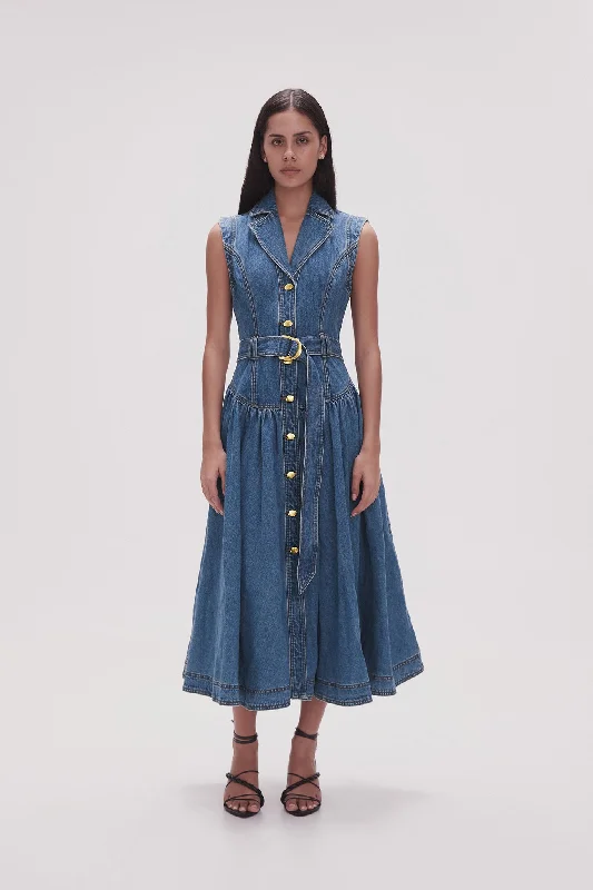 Get The Latest Trends Elena Belted Denim Midi Dress