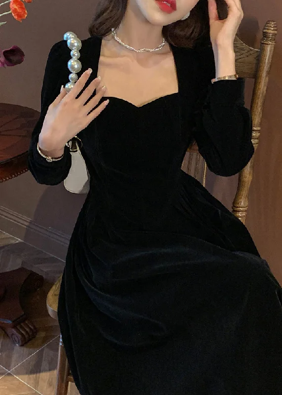 Limited-Time Fashion Sale – Shop Your Favorite Styles Now New Black Square Collar Pockets Patchwork Velour Dresses Fall