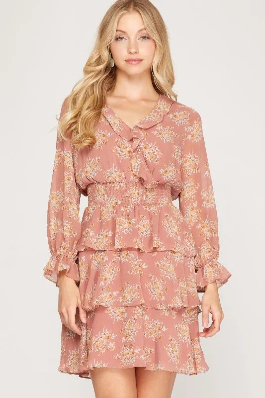 Women’s Clothing for Every Occasion ROSE FLORAL PRINT SMOCKED TIERED LONG SLEEVES MINI DRESS SS7997