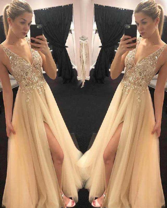 Feminine Dresses for Women in Bold Prints Elegant Vestido De Festa Longo Girls Long Slit Tulle Yellow Crystal Prom Dress V neck Evening Party Gown