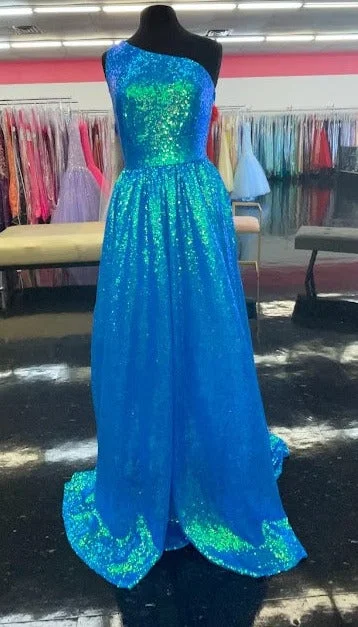 Budget-Friendly Fashion Marc Defang 8068 Size 6 Blue Sequin One Shoulder Ballgown Formal Dress Pageant Prom Gown