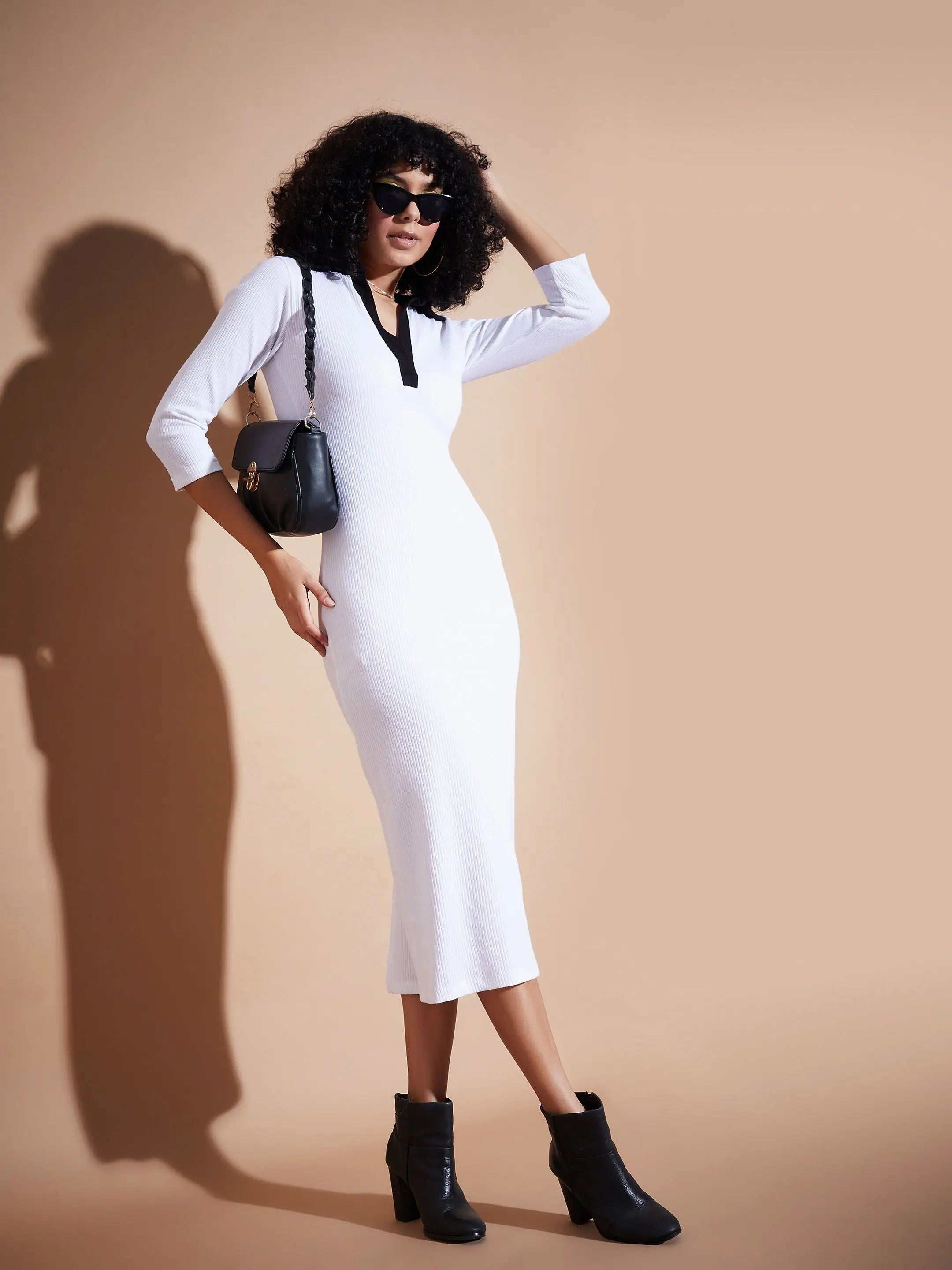 Women’s Clothes for All-Day Comfort and Style Women White Rib Contrast Collar Midi Dress