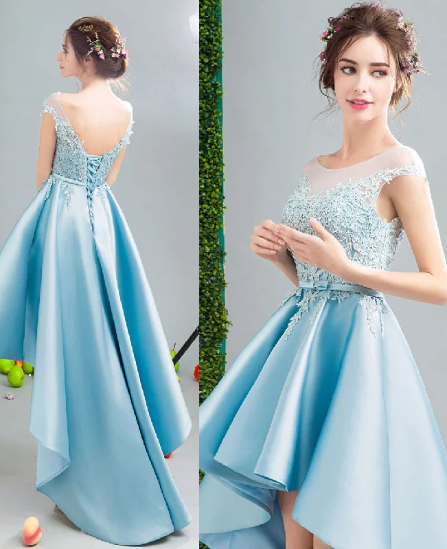 Weekend Sale Lovely Custom made high low dresses blue Girls Lace Prom Party Gown