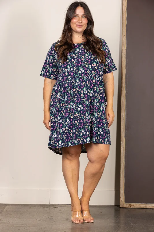 Effortless Chic for Women NAVY PETITE FLORAL SHORTS SLEEVES PLUS SIZE MINI DRESS D5105X