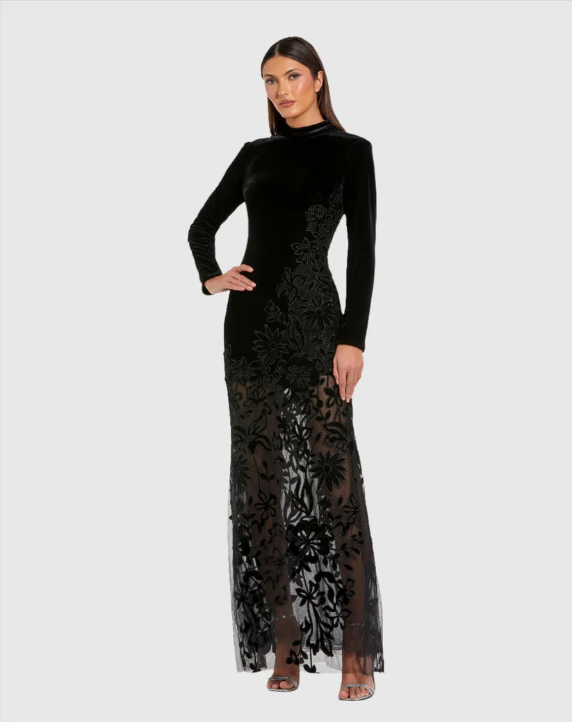 Women Wear Brands Long Sleeve Sheer Floral Embroidered Velvet Gown - Mac Duggal 20756