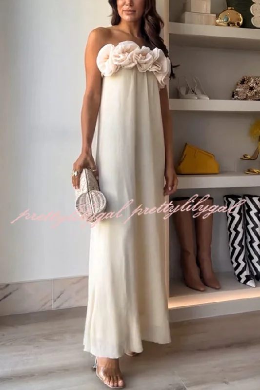Discover Now Blooming Chic Flower Applique Elastic Off Shoulder Strapless Maxi Dress