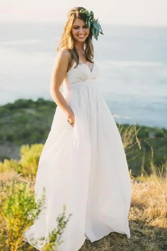 Online Clothing Stores Roycebridal Chiffon A-line V-neck Spaghetti Straps Simple Wedding Dress With Train, MW839