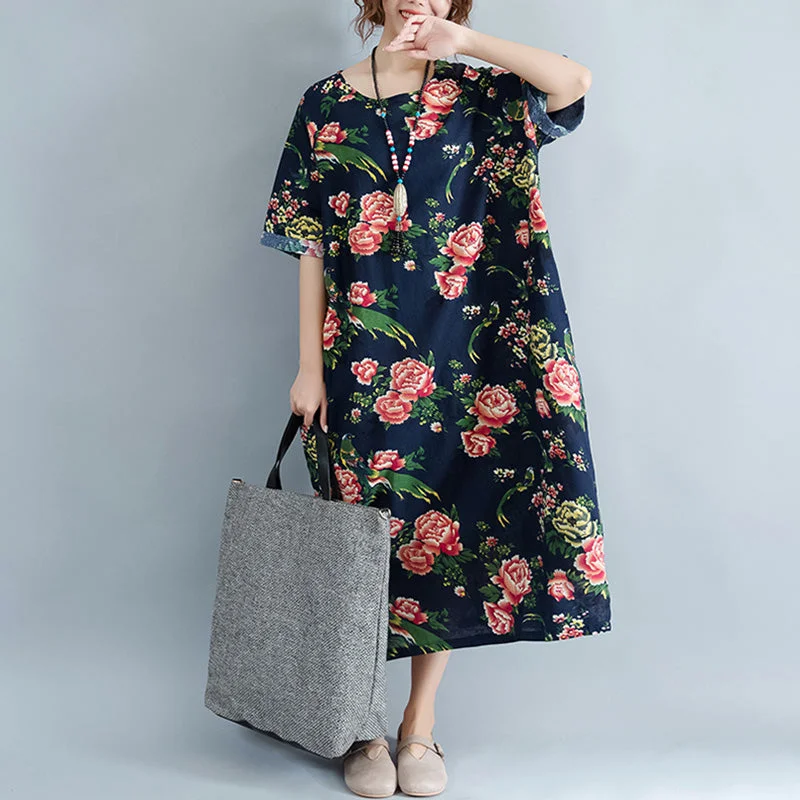 Elegant Simplicity Wardrobe Women Plus Size Clothing Loose Floral Casual Dresses