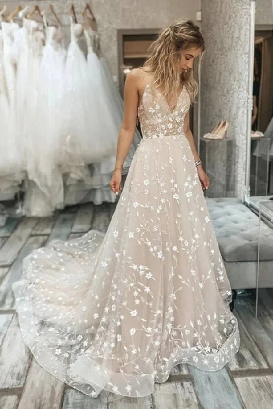 Women's Fashion Clothing Roycebridal Tulle A-line V-neck Spaghetti Straps Lace Appliques Wedding Dresses, MW863