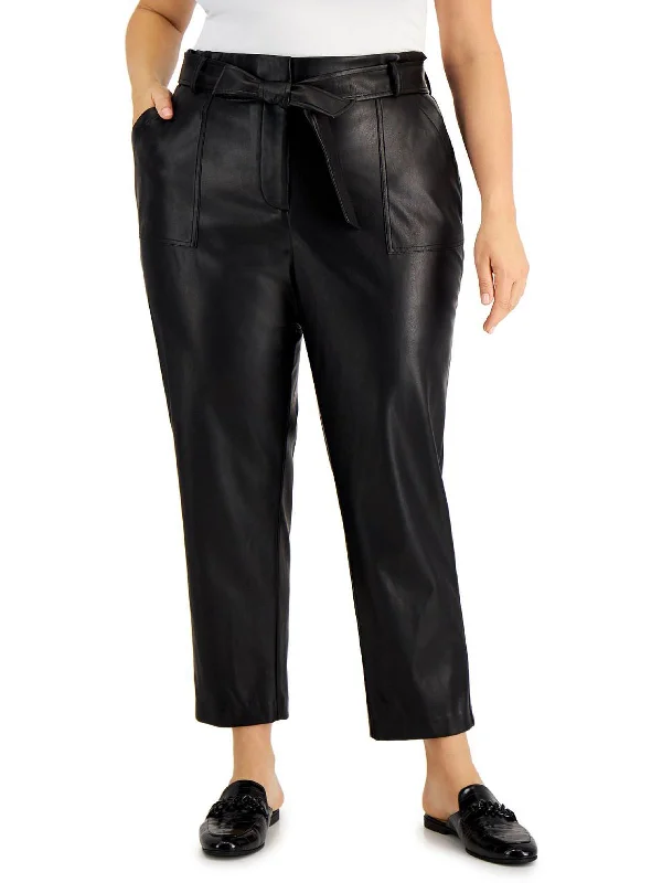 Runway Inspired Wear Plus Womens Faux Leather Tie Waist Straight Leg Pants