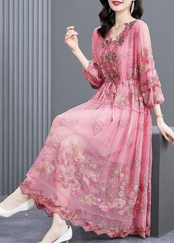 Snag Fabulous Fashion Bargains Italian Pink Embroidered Floral Silk Cinched Dresses Bracelet Sleeve