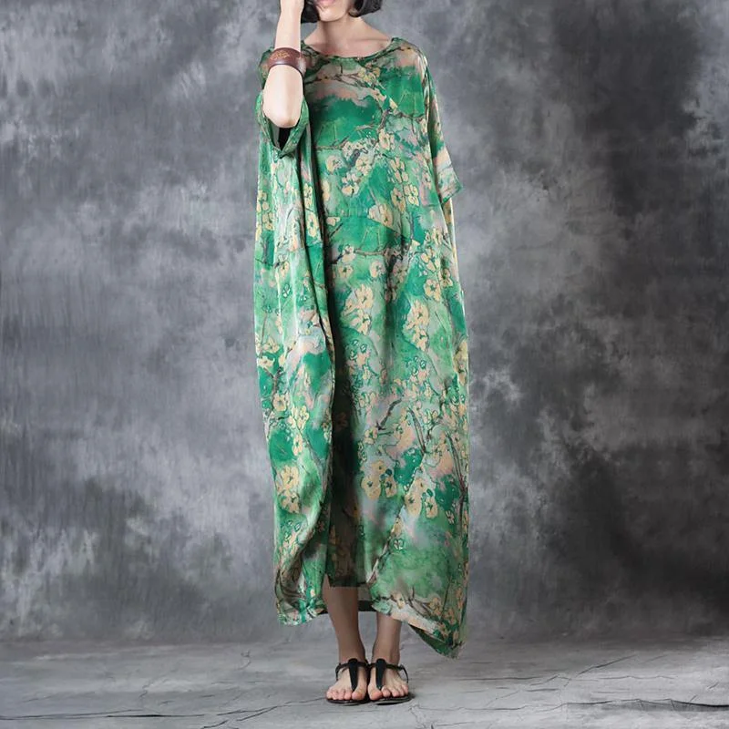 Style Your Wardrobe 2018 green floral natural silk dress Loose fitting O neck baggy dresses traveling clothing Elegant short sleeve silk long dresses