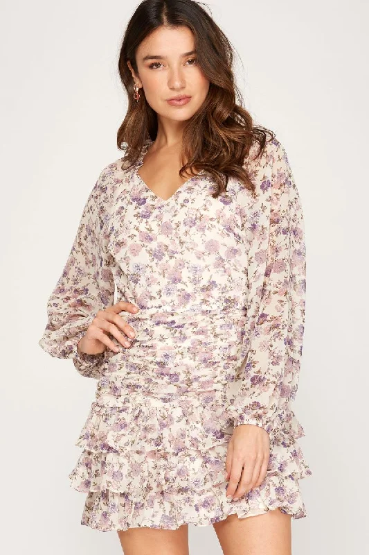 Workwear Fashion for Women DUSTY ROSE FLORAL PRINT LONG RAGLAN SLEEVES RUFFLED MINI DRESS SS7690