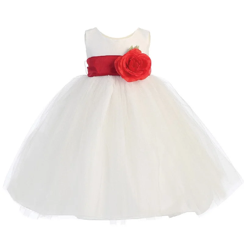 Flash Discount Baby Girls White Red Sash Poly Silk Tulle Flower Girl Dress 6-24M