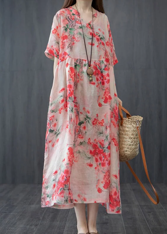 Mega Sale French Red Wrinkled V Neck Floral Linen Long Dress Short Sleeve