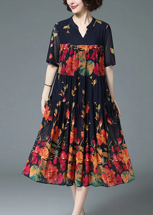 Limited Time Deal Loose Blue V Neck Wrinkled Floral Print Pockets Chiffon Long Dress Short Sleeve