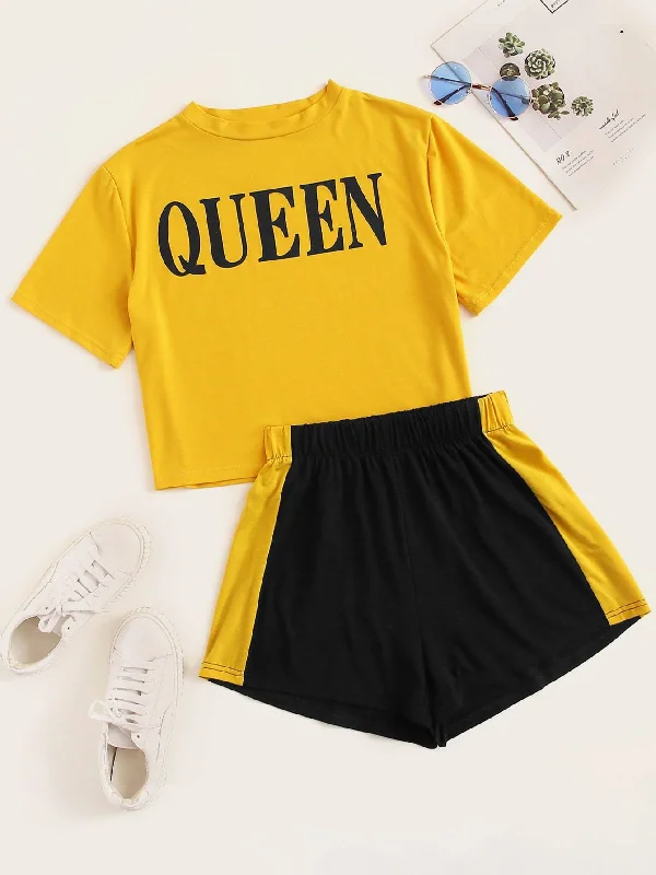 Season Offer Plus Letter Print Tee With Shorts