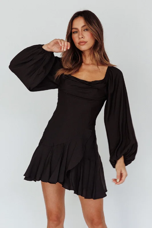 Fashion-forward Women’s Clothing Beaujolais Long Sleeve Cowl Neckline Ruffle Satin Mini Dress Black