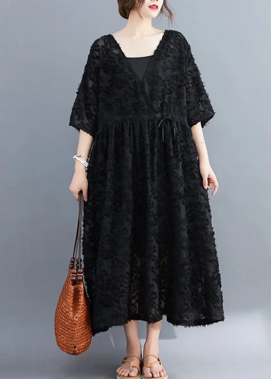 End Of Season Sale Women Black V Neck Floral Embroideried Dress Two Pieces Set Half Sleeve