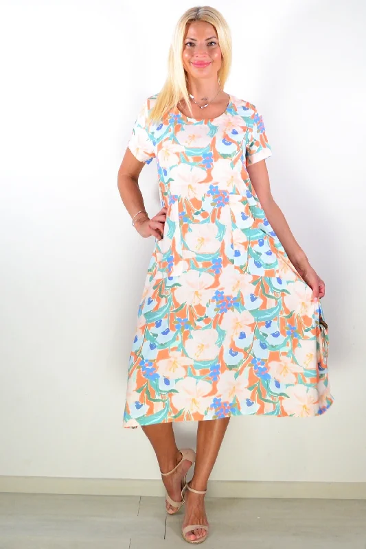 Effortless Chic Apparel Peach Floral Garden Print Tunic Dress