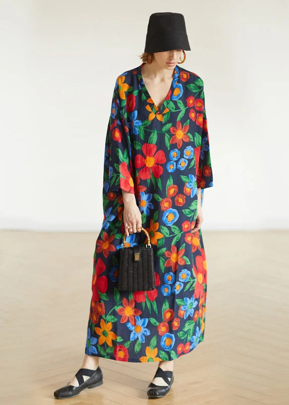 Online Boutiques Best Oversized V Neck Floral Cotton Vacation Robe Dresses Fall
