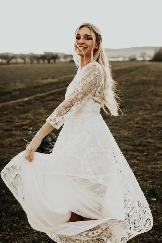 Top 10 Women's Online Clothing Stores Roycebridal Long Sleeves Lace A-line Rustic Wedding Dresses, Wedding Gowns, MW847