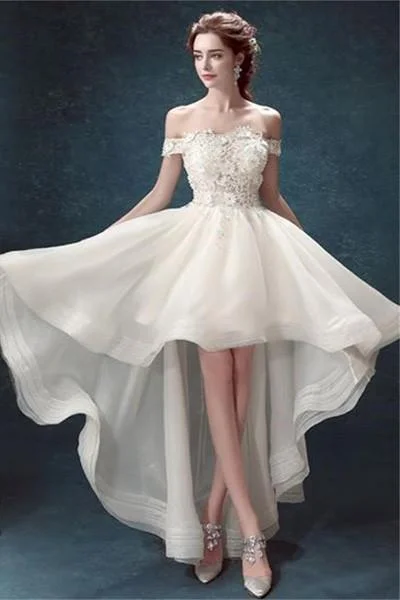 Crazy Discounts, Hurry Up Roycebridal White Organza High Low Off Shoulder Cheap Wedding Dresses, MW162