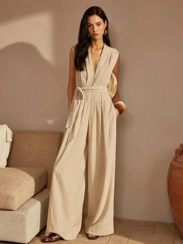 Valentine's Special Belted Ruched V-Neck Jumpsuit